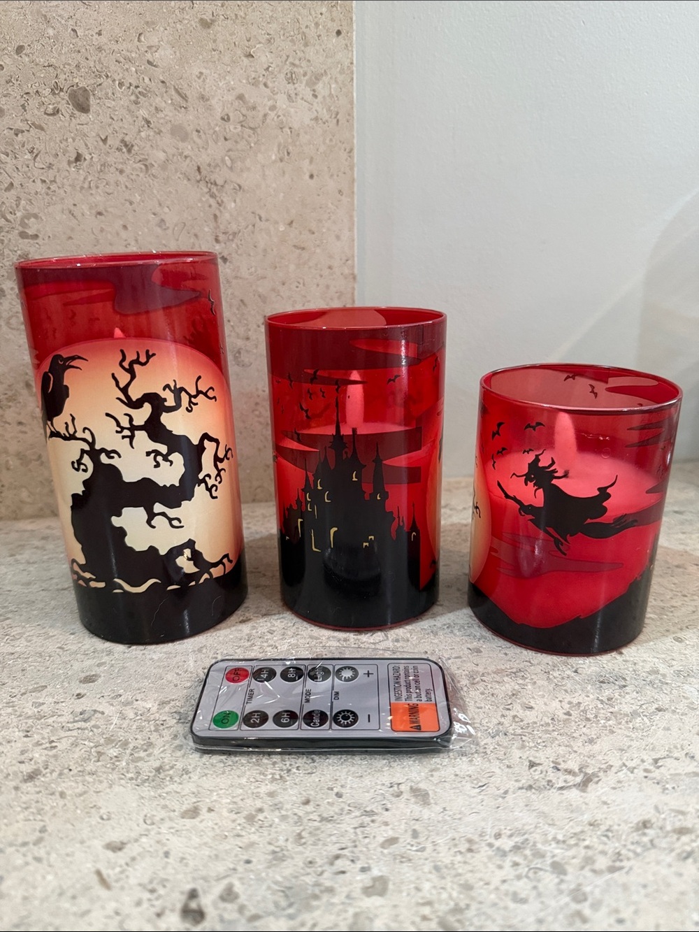 Red Halloween LED Flameless Candles. Set of 3 with Remote.